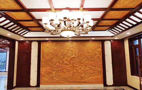 巢湖中式别墅客厅中式木作横梁吊顶装饰展示